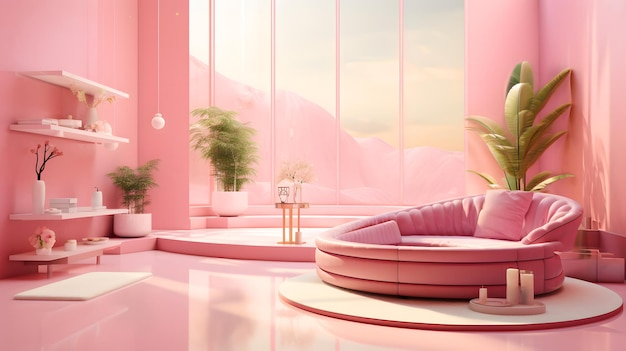 Rendering 3D di una reception barbie rosa con un grande divano rosa