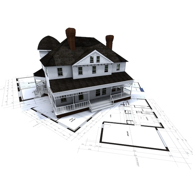 Rendering 3D di una residenza in stile coloniale in cima alle cianografie
