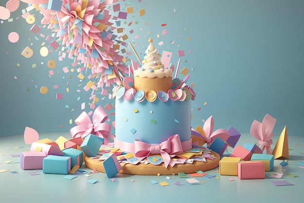 Rendering 3D di una scatola regalo da festa popper torta e confetti con spazio di copia di carta vuota in sfondo banner a tema pastello illustrazione di rendering 3D