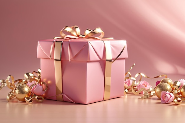 Rendering 3d di una scatola regalo in oro rosa avvolta sullo sfondo del concetto di regalo di festa e compleanno