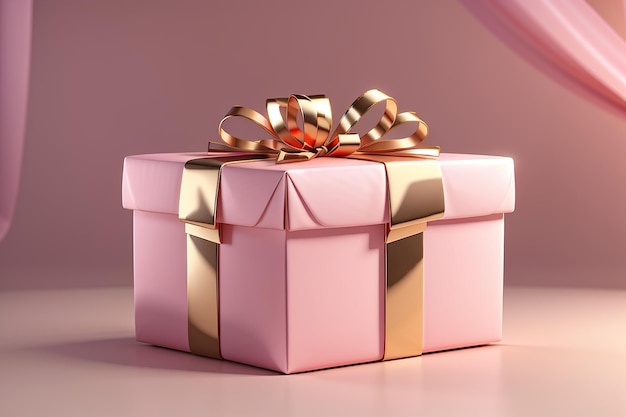 Rendering 3d di una scatola regalo in oro rosa avvolta sullo sfondo del concetto di regalo di festa e compleanno