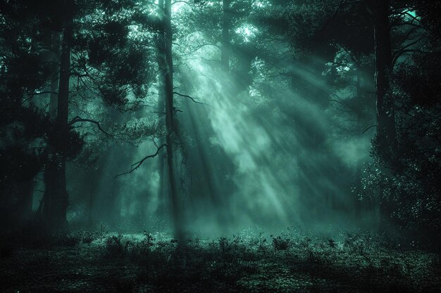 Rendering 3D di una scena spettrale della foresta con raggi che brillano attraverso