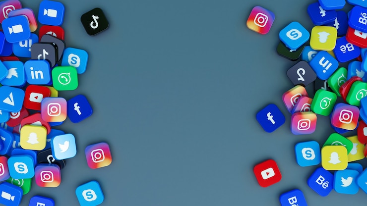 Foto rendering 3d di una serie di loghi quadrati delle principali app di social media