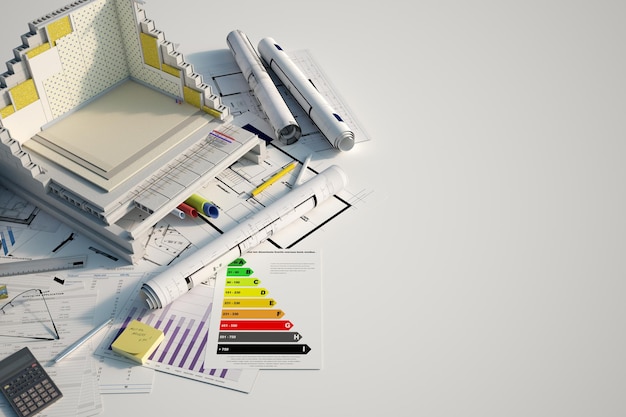 Rendering 3D di una sezione trasversale di un edificio che mostra gli strati isolanti e i dettagli dell'edificio sopra i progetti e un grafico dell'efficienza energetica