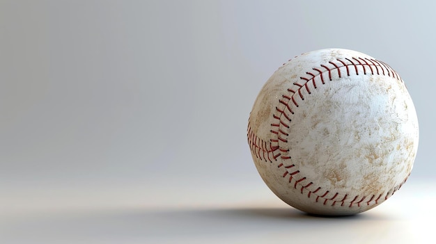 Rendering 3D di una singola vecchia palla da baseball su uno sfondo bianco con luce e ombre sottili