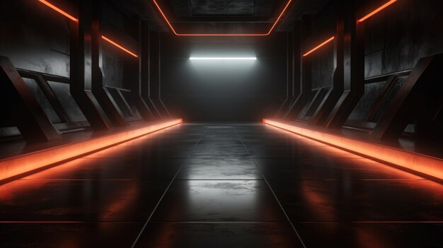 Rendering 3d di una stanza buia vuota, pareti di cemento e pavimento riflettente con luce laser colorata b