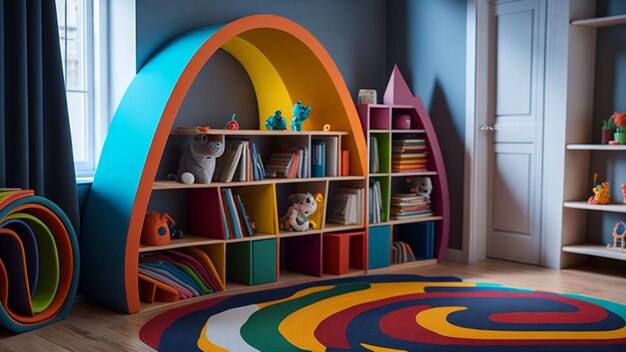 Rendering 3D di una stanza per bambini con una libreria e giocattoli