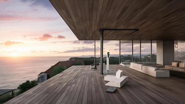 Rendering 3D di una stazione di ricarica vicino alla terrazza in una moderna casa intelligente con vista sul mare