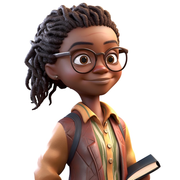 Rendering 3D di una studentessa afroamericana con gli occhiali e un libro