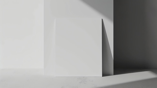 Rendering 3D di una tela bianca vuota in piedi su un solido pavimento bianco contro una parete bianca