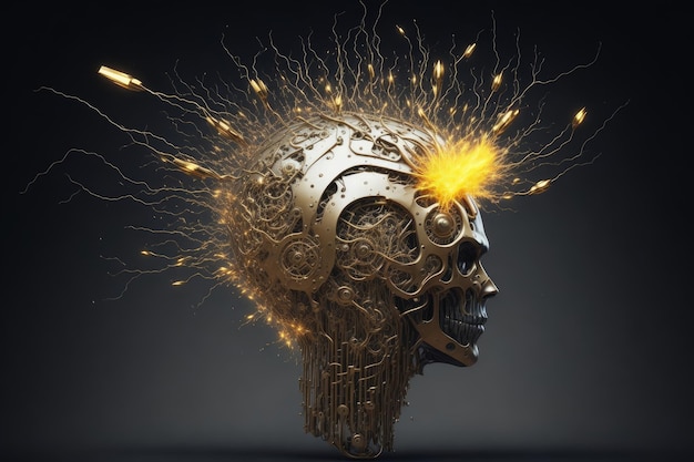 Rendering 3D di una testa umana fatta di ingranaggi e ruota dentata Illustrazione del concetto di salute mentale Cervello come meccanismo AI Generated