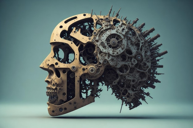 Rendering 3D di una testa umana fatta di ingranaggi e ruota dentata Illustrazione del concetto di salute mentale