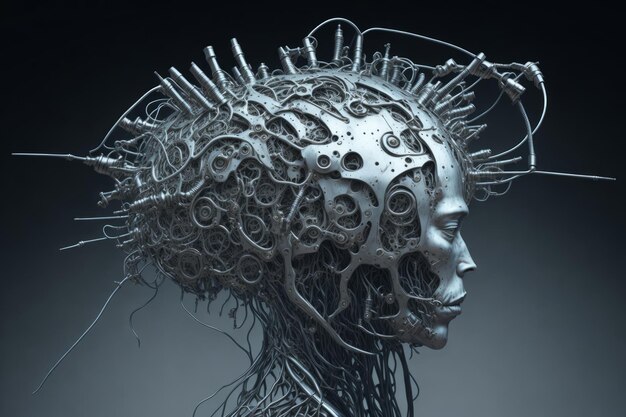 Rendering 3D di una testa umana fatta di ingranaggi e ruota dentata Illustrazione del concetto di salute mentale