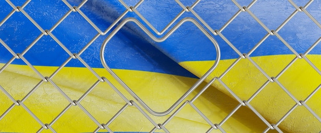 Rendering 3D di una vecchia bandiera ucraina dietro il recinto di filo di maglia d'acciaio la bandiera dell'ucraina
