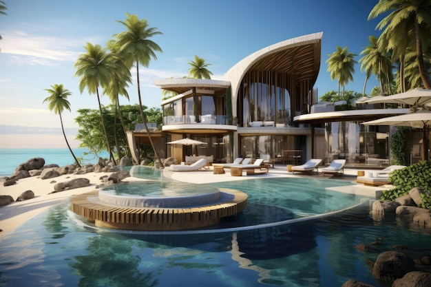 Rendering 3d di una villa di lusso sulla spiaggia con piscina Resort balneare di lusso AI Generato