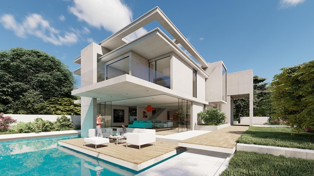 Rendering 3D di una villa moderna di lusso con piscina e giardino