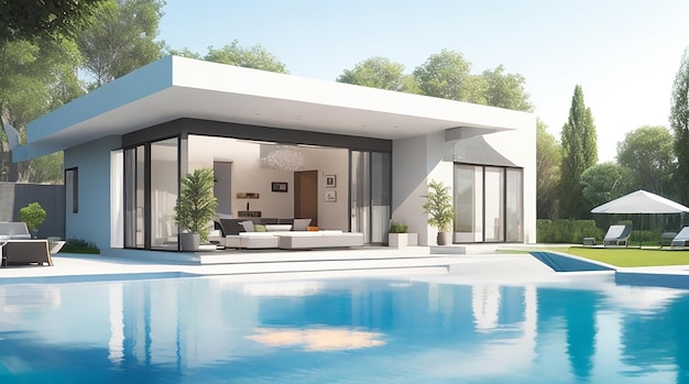 Rendering 3D di una villa moderna originale con piscina
