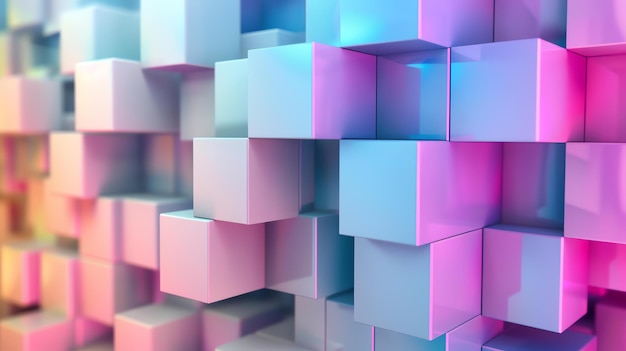 Rendering 3D di uno sfondo astratto colorato con un modello geometrico L'immagine presenta una serie di cubi di varie dimensioni e colori