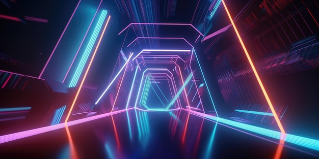 Rendering 3D di uno sfondo futuristico con forme geometriche e luci al neon colorate Generative AI AIG21