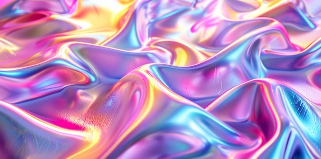 Rendering 3D di uno sfondo olografico iridescente colorato Fluido astratto ondate liquide colorate con un effetto ologramma Olografia una consistenza di stoffa ondulata lucida