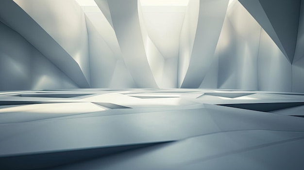 Rendering 3D di uno spazio interno futuristico con un design geometrico bianco Lo spazio è brillantemente illuminato e ha un'atmosfera minimalista moderna