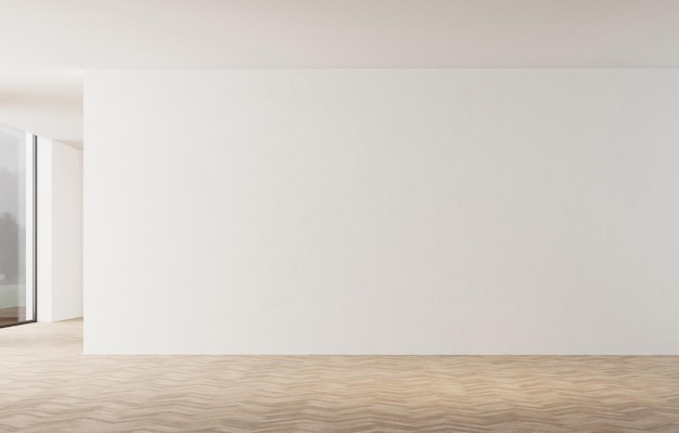 Rendering 3d di uno spazio vuoto con pareti bianche e pavimento in legno Luce naturale e finestre sul lato sinistro
