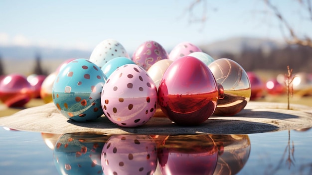 Rendering 3D di uova di Pasqua e discorso vuoto su un lato