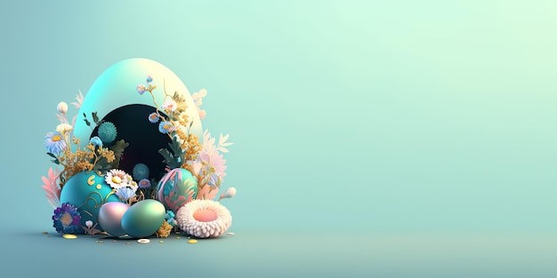 Rendering 3D di uova di Pasqua e fiori con un tema Fantasy Wonderland per sfondo e banner