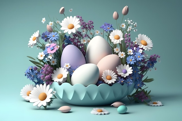 Rendering 3D di uova e fiori per lo sfondo della cartolina d'auguri del giorno di Pasqua