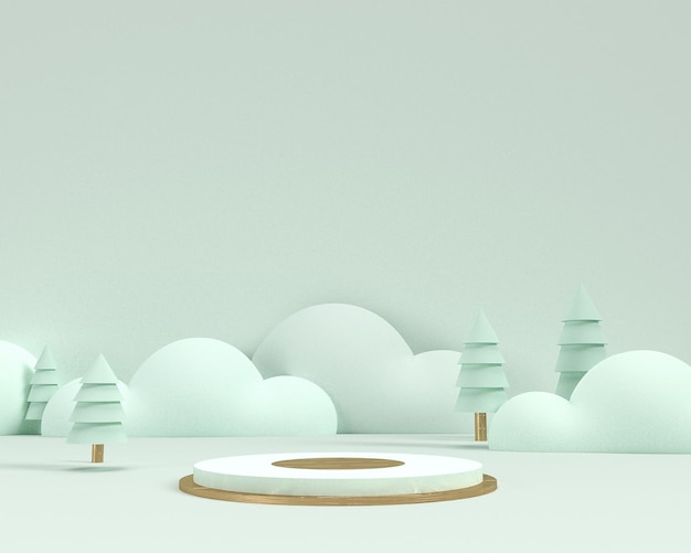 Rendering 3D di verde Paesaggio invernale con piedistallo Display minimo astratto