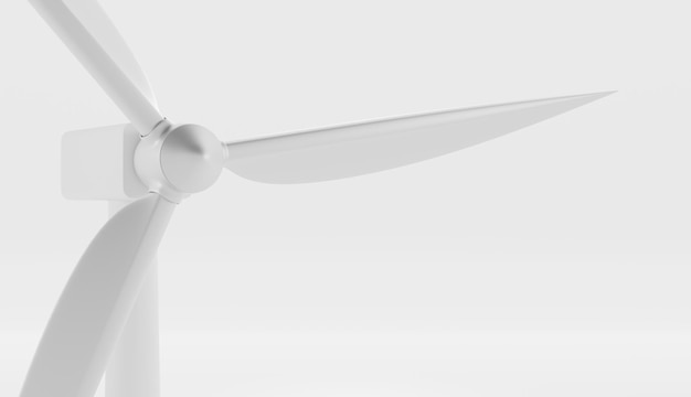 Rendering 3d di vista angolare del primo piano della turbina eolica Mockup di illustrazione realistica del mulino a vento con pale lunghe isolate su sfondo bianco Concetto di energia verde alternativa per la generazione di energia rinnovabile