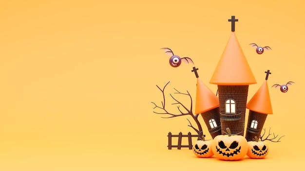 Rendering 3D di zucca al giorno di Halloween con il castello