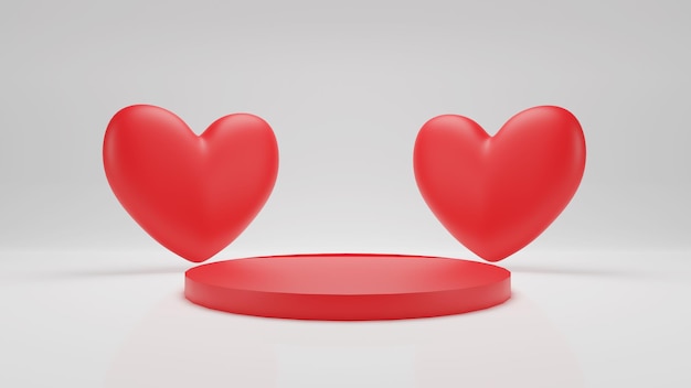 Rendering 3D Doppio cuore rosso di San Valentino con podio rosso e sfondo bianco