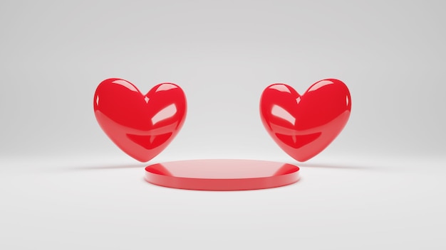 Rendering 3D Doppio cuore rosso lucido di San Valentino con podio rosso lucido e sfondo bianco