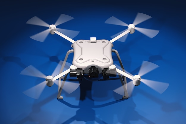 Rendering 3D drone bianco con eliche rotanti