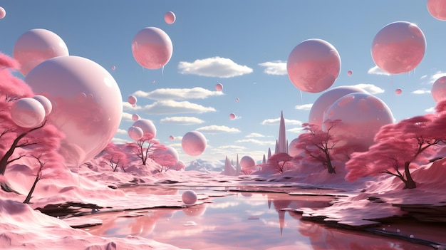 Rendering 3d e illustrazione e architettura scific scenario cielo blu rosa bianco moderno