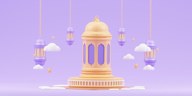 Rendering 3D eid al adha decorativo saluto islamico sfondo carino sfondo islamico viola