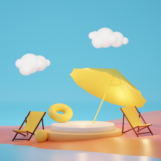 rendering 3d estate e podio sdraio vendita vacanze sfondi colorati spiaggia mare