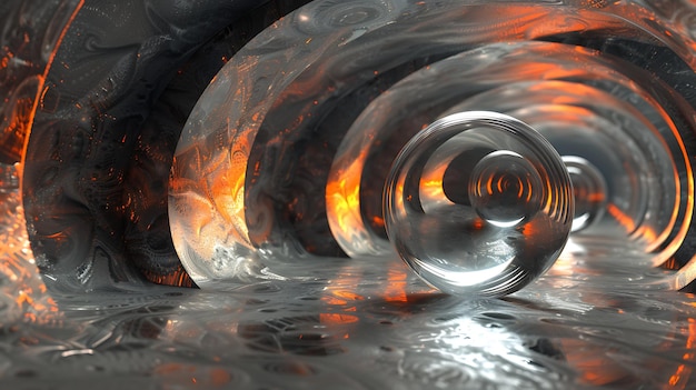 Rendering 3D Fantastico tunnel metallico con elementi arancione luminoso e sfere di vetro