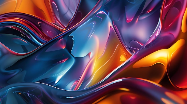 Rendering 3D forme fluide multicolori riflessioni olografiche colori vivaci astratto futuristico