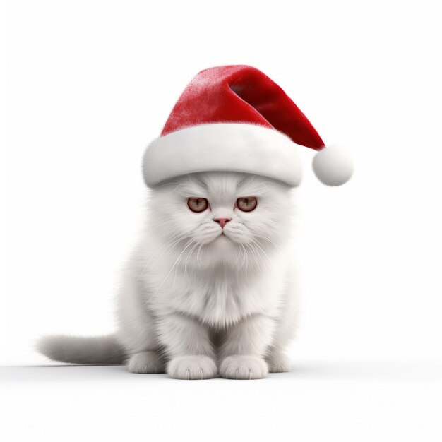 Rendering 3D fotorealistico di un gatto bianco pensieroso con il cappello di Babbo Natale