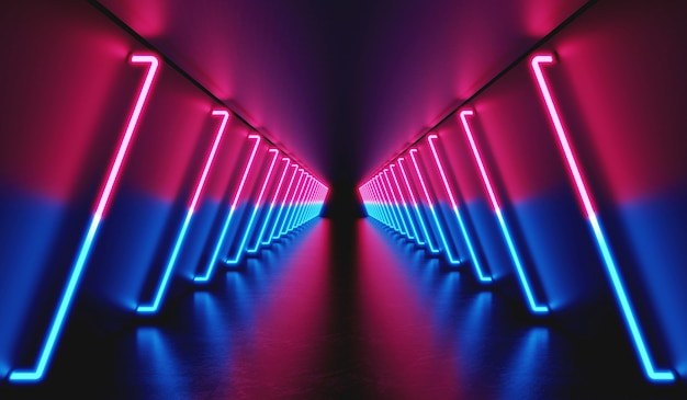 Rendering 3D Futuristica stanza buia con luce laser al neon incandescente stanza scifi tunnel rosa e blu