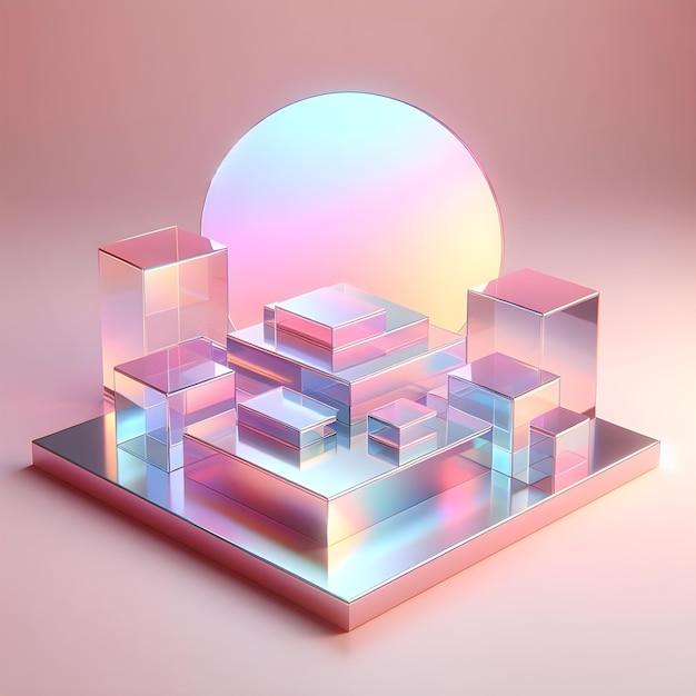 Rendering 3D generato da AI di una piattaforma di prodotti olografici minimalisti in colore rosa chiaro