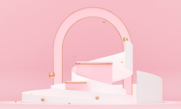 Rendering 3D geometria podio rotondo con elementi bianchi e oro.
