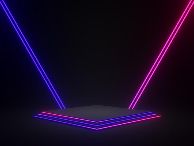 Rendering 3D Geometrico nero con luci al neon sfumate. Sfondo scuro.