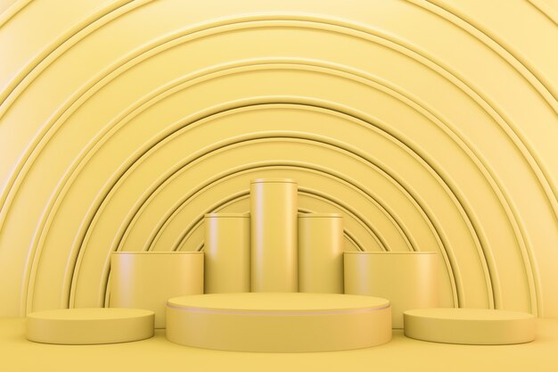 Rendering 3D. giallo minimalista moderno mock up display cilindro astratto podio giallo.