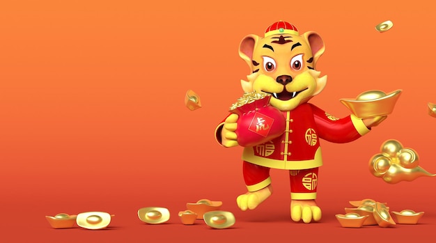 Rendering 3D Golden Chinese new year 2022. capodanno lunare anno della tigre