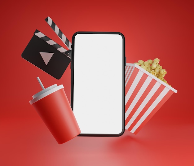 Rendering 3D Guardare un film su uno schermo vuoto del telefono.