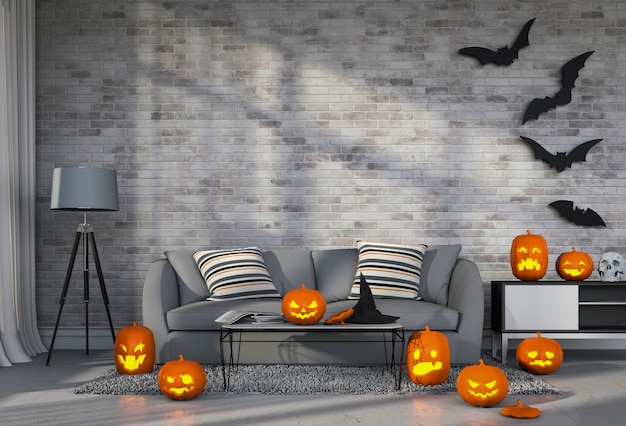 Rendering 3D Halloween in salotto con zucche