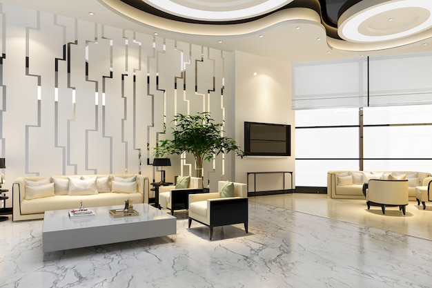 Rendering 3D hotel di lusso e ufficio reception hall e sala ristorante